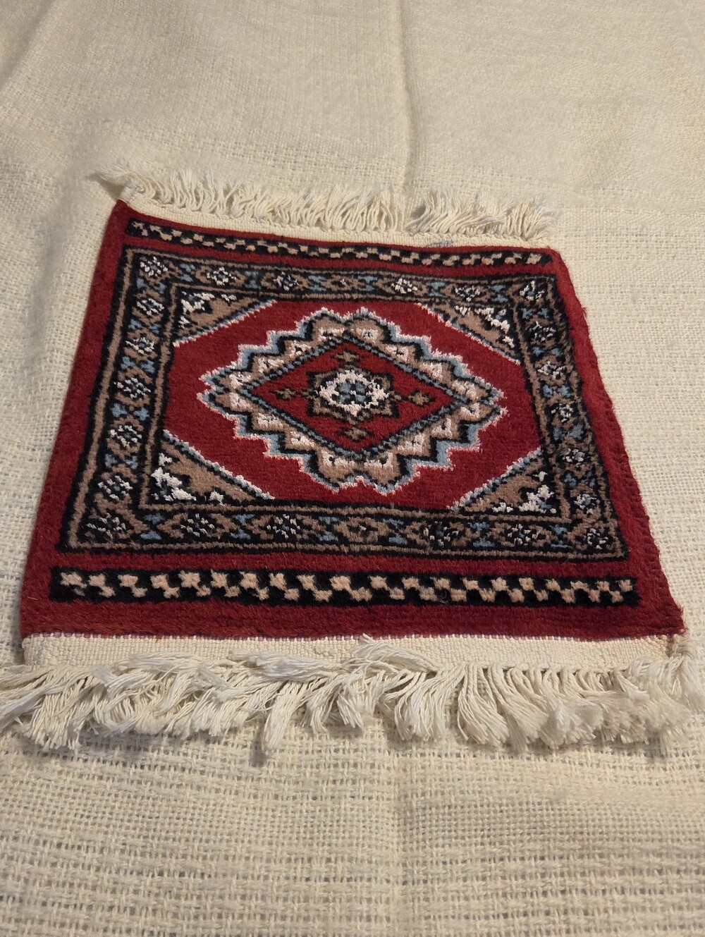Small Wool Rug Hand Knit Persian Style 1 Square Foot Red White Fringe Bokhara - Picture 5 of 10